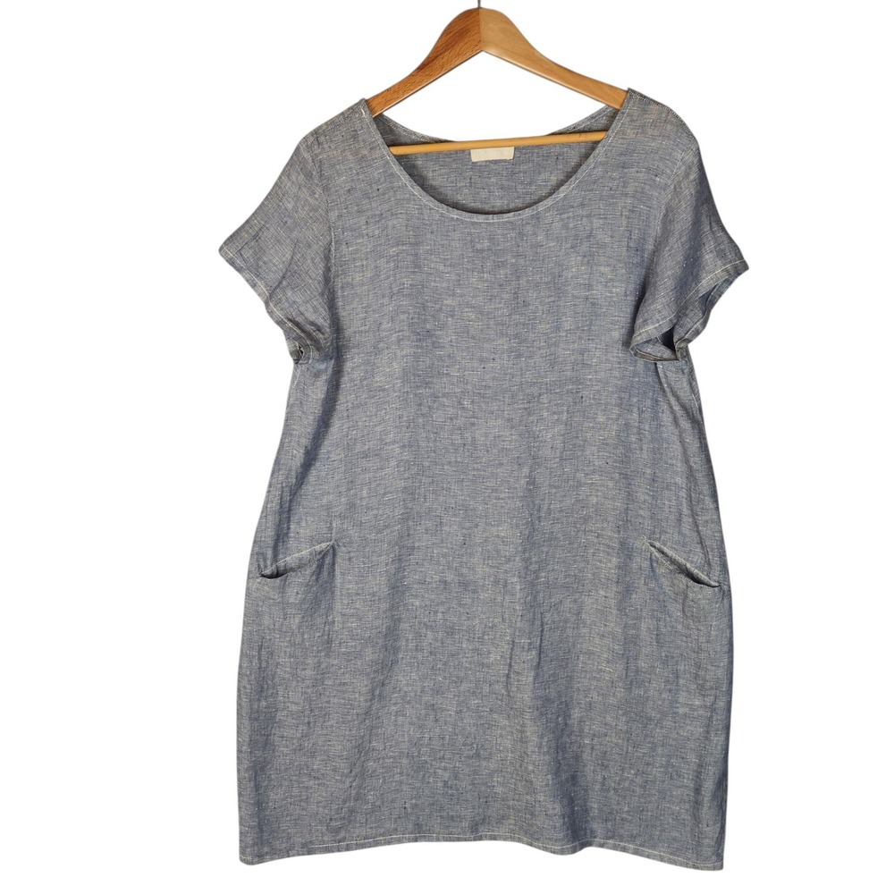 CP Shades Dress Medium Blue 100% Linen Short Sleeve Shift Mini Pocket